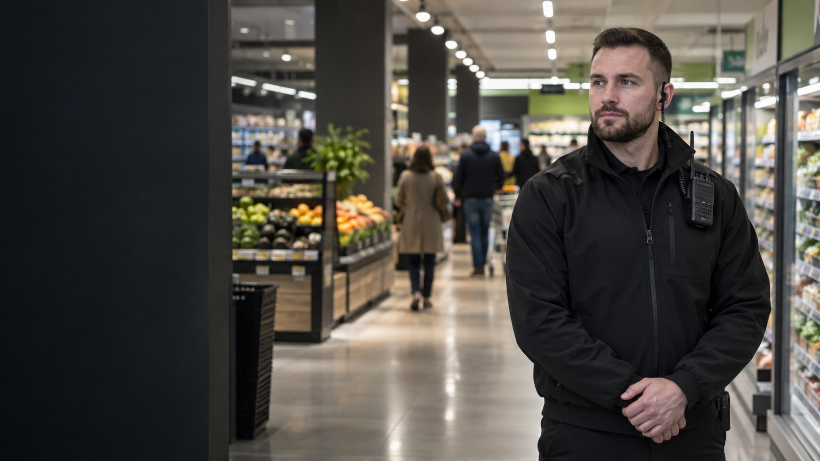 Retail security officer protecting customers and stock inside a store